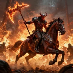 cinematic still of a demon lord going to battle on his demonic steed and wielding a fiery scythe as he charges the enemy, raining fire, 4k, masterpiece, by Greg Rutkowski, Trending on Artstation