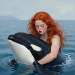 a portrait of a red headed young woman hugging an orca whale in a scenic environment by Gerhartz, Daniel F.