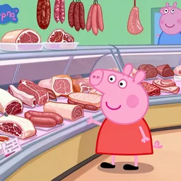 peppa pig standing in a butcher shop staring at a display full of meats, sausages, and ham