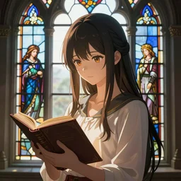 very very very very very very beautiful cute anime girl hoding book in hands, stained glass window medieval