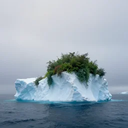 an iceberg with overgrown plants on top, middle of the ocean, morning fog, art by greg rutkowski and wlop, cinematic