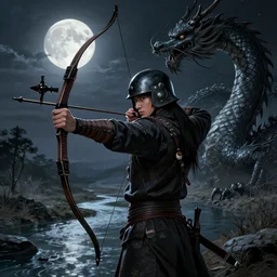 korean archer wearing a helmet shooting an asian dragon. the moon is in the sky. there is a river. dark fantasy. high resolution. detailed. digital art. dark fantasy. kentaro miura.
