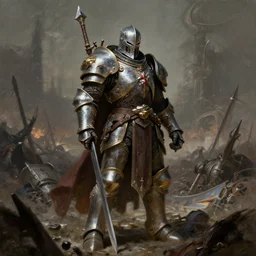 a heavily armoured death knight standing in a battlefield of fallen, by thomas cole and wayne barlowe