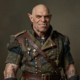 1 9 th century style portrait of a a middle aged half orc with fangs, blueish intelligent eyes, wearing a bemused smile on his face. dressed in a patchwork military uniform jacket with cut sleeves, showing off runic arm tattoos, his jacket has many charms and baubles and an upturned collar.