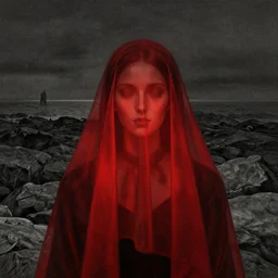 face portrait, rocky shore, woman, blank face, wearing a veil, glowing red, by edgar maxence and ross tran, zdzisław beksinski, and michael whelan, distant, gustav dore, h. r. giger, 8 k, octane render