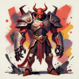 Greg Manchess portrait painting of a demonic, devil armored character from league of legends, full shot, asymmetrical, splashscreen, Organic Painting, sunny day, Matte Painting, bold shapes, hard edges, cybernetic, street art, trending on artstation, by Huang Guangjian and Gil Elvgren and Sachin Teng