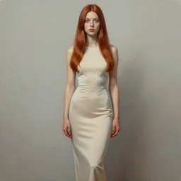 ultra realist soft painting of a single beautiful female in a full long curvy slim dress, thin long auburn hair,  symmetry accurate features, very intricate details, volumetric lighting, 1970 artstyle