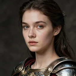 close - up portrait of beautiful young woman dressed gladiator with metallic armor, art by imogen cunningham