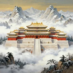 a beautiful painting of huge ancient chinese palace on the snow - capped mountains, clouds, ultrawide shot, by victo ngai, by hiroshi yoshida