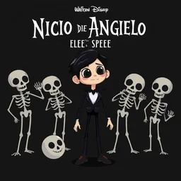 nico di angelo pixar character poster, death and skeletons theme, dark background, adorable quirky character design