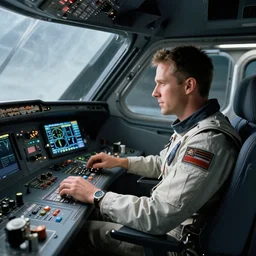 alan wray tudyk at the control panel of the spacecraft, view from inside the cockpit
