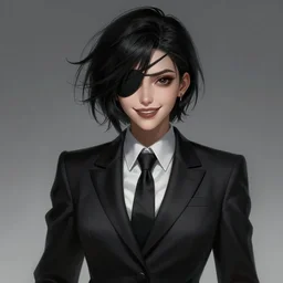 a highly detailed illustration of beautiful short black messy haired woman wearing black eyepatch on one eye and noir style suit and tie, dramatic smiling pose, intricate, elegant, highly detailed, centered, digital painting, artstation, concept art, smooth, sharp focus, league of legends concept art, WLOP