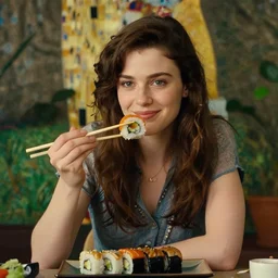a portrait of female Asa Butterfield mixed with Pam beesly, she is eating sushi with chopsticks, content, kind, slight smile, surrounded by plants, by gustav klimt