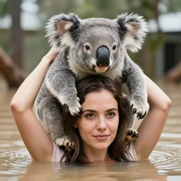 closeup portrait of a woman carrying a koala over her head in a flood in Rundle Mall in Adelaide in South Australia, photograph, natural light, sharp, detailed face, magazine, press, photo, Steve McCurry, David Lazar, Canon, Nikon, focus