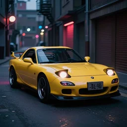 a 1 9 8 9 mazda rx 7 in vaporwave parked in an dark alley with bokeh lights behind it.