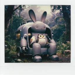 dark night oversized battle rabbit robot chubby fatmech trailer wacky vehicle with big ears with rabbit and owl! sitting inside, in jungle forest peak, full body, nighttime, cinematic focus, polaroid!! photo, vintage, neutral dull colors, soft lights, foggy, overcast by oleg oprisco, by thomas peschak, by discovery channel, by victor enrich, by gregory crewdson