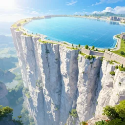giant clear place big white cliff edge  megastructure  the wall fortress  with little plant along borderland style vivid colorful  Hyperrealistic CGI Photorealistic cinematic volume lighting fanart on ArtStation full sun shine day concept art