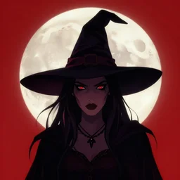 close up portrait of a dark witch in front of the full big moon, red background, vector graphic, detailed, HDR, CGsociety