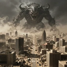 unrecognizable city in the dust, gloom, ultra detailed, giant monster lurking in background, 8 k, horror