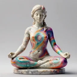 3D print marble sculpture of Emma Watson by Jean-Baptiste Carpeaux and Luo Li Rong and Michael James Talbot, yoga meditation pose, beautiful body, perfect symmetrical face, colorful, bright psychedelic colors, full length shot, elegant, academic art, realistic, 8K, female full-skin figure, Hyperrealism, Subsurface scattering, raytracing, soft light, Octane Render, Redshift, Zbrush