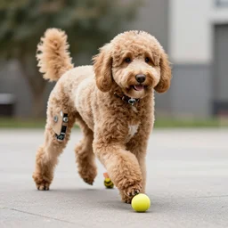 robotic goldendoodle playing with a ball