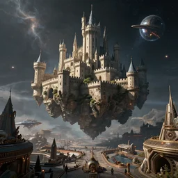 medieval castle floating in space, bustling space port, sci - fi, futuristic, ultra realistic, cinematic
