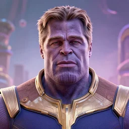 brad pitt as thanos | highly detailed | very intricate | symmetrical | whimsical and magical | soft cinematic lighting | award - winning | closeup portrait | pastel color palette | featured on artstation