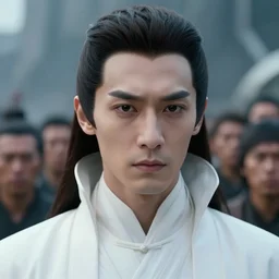 portrait of a regal prince with sharp cheekbones, white clothes, high collar, close up, wistful, super details, crowd of angry people out of focus in the background, modern digital art, matte painting, science fiction