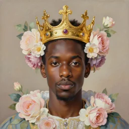 rococo portrait of a black prince wearing a golden crown with pastel flowers, symmetrical, realistic, 8 k, digital painting, art by krenz cushart, kehinde wiley, artem demura
