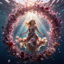 Triss Merigold in a swirling sundress of flowers, underwater, floral explosion, radiant light, vortex of plum petals, by WLOP, Tristan Eaton and artgerm, artstation, deviantart