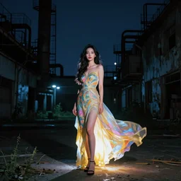 a beautiful young asian woman in abandoned industrial city at night, dark moody lighting, glowing light and shadow, vibrant color, by jeremy mann and alphonse mucha, dramatic lighting, ethereal, stunning, breathtaking, awe - inspiring award - winning, 8 k