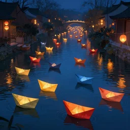 lanterns paper boats in many colors floating down a river at night, beautiful digital matte painting trending on artstation
