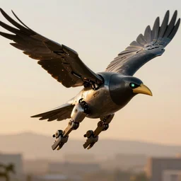 flying raven robot, hyperdetailed, artstation, cgsociety, golden hour 8k