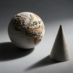 sphere, cube, cone, on a gray surface