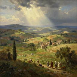highly detailed painting of an idyllic ancient roman pastoral landscape, dramatic, sense of scale, stephen bliss, unreal engine, greg rutkowski, ilya kuvshinov, ross draws, hyung tae and frank frazetta, tom bagshaw, tom whalen, nicoletta ceccoli, mark ryden, earl norem, global illumination, god rays, beautiful