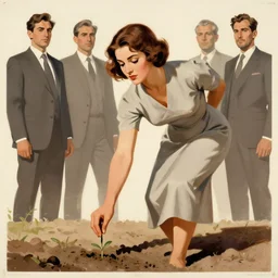 woman in dress a hand planting a seed in the ground, limited neutral palette, by petros afshar, anton fadeev, dean ellis, beautiful graphic full body portrait, propaganda poster art 1 9 7 0 s illustrated advertising art, painterly character design