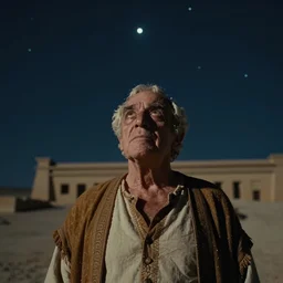 film still of 80 year old Mediterranean skinned man in ancient Canaanite looking up at the nighttime sky, Biblical epic directed by Wes Anderson