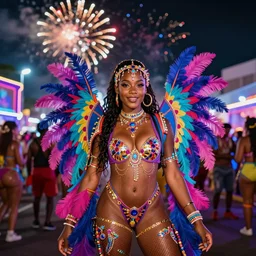 trinidad and tobago carnival cyberpunk, neon, fireworks, city festival, vibrant