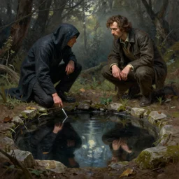 detailed and oil painting, hyper realistic | cinematic lighting, award - winning | the hermit looks at his reflection in the well of darkness | by leyendecker, by norman rockwell, byy cesar santos | trending on artstation, cgsociety, official art, octane, digital painting, masterpiece.