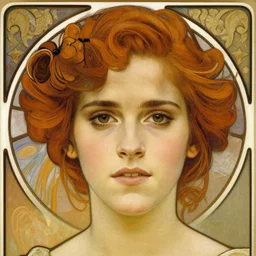 oil portrait of emma watson, close - up of face, symmetric, rule of thirds, by alphonse mucha, alphons mucha, art nouveau, hans holbein, wlop