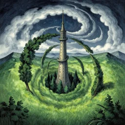 a tower, trees, nightly, spiral, naive nerikomi, weird perspective, extra narrow, detailed illustration by moebius and james jean, scenic spiral environment by rhads from lorax movie, trending artstation, true color, fisheye, grass field mountainous terrain, spiral clouds