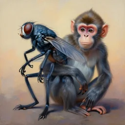painting of hybrid between fly & monkey, intercrossed animal, by zdzislaw beksinski, by lewis jones, by mattias adolfsson, cold hue's, warm tone gradient background, concept art, beautiful composition, digital painting