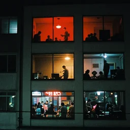 outdoorsy guys club likes to look at the exteriors of urban architecture  shot on film in technicolor:3 by darius khondji wong kar-wai night: 2 time scenes reflections through windows:2 red:4 and blue:3 lights orange:4 lights busy nightlife:2 in city scene nostalgic:3 quality