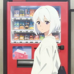 kyoto animation key, by greg rutkowski, vending machine, white hair girl hime cut