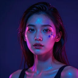 a girl glowing with neon colors, high detail of the face, high details, high modernization, high stylization, full body, photo model