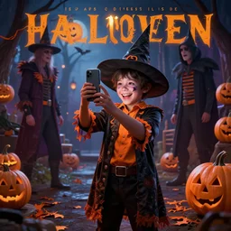 epic masterpiece of cinematographic hyperrealism where a boy dressed up for halloween appears taking a photo with his happy phone. realistic shaded lighting poster by craig mallismo, artgerm, jeremy lipkin and michael garmash, unreal engine, radiant light, detailed and intricate environment, digital art, art station trends
