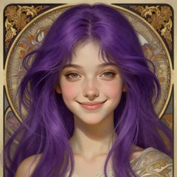 portrait of a young girl, nose ring, upper body, purple hair, long hair, joyful smirk, intricate, elegant, highly detailed, digital painting, artstation, concept art, matte, sharp focus, illustration, art by artgerm and greg rutkowski and alphonse mucha
