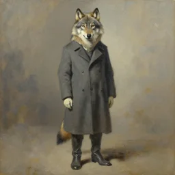 beautiful impasto oilpainting of a wolf wearing a long tailored coat and boots by rembrandt