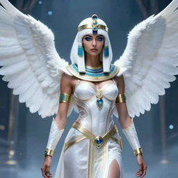 perfect white haired egyptian goddess wearing white dove wings, warframe armor, regal, attractive, ornate, sultry, beautiful, ice queen, half asian, pretty face, blue eyes, detailed, scifi platform, 4 k, ultra realistic, epic lighting, android body, masterpiece, art by akihito tsukushi, voidstar, artgerm