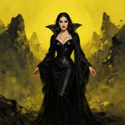 horror art, salma hayek vampire queen, yellow and black peaks in the background, art by ismail inceoglu